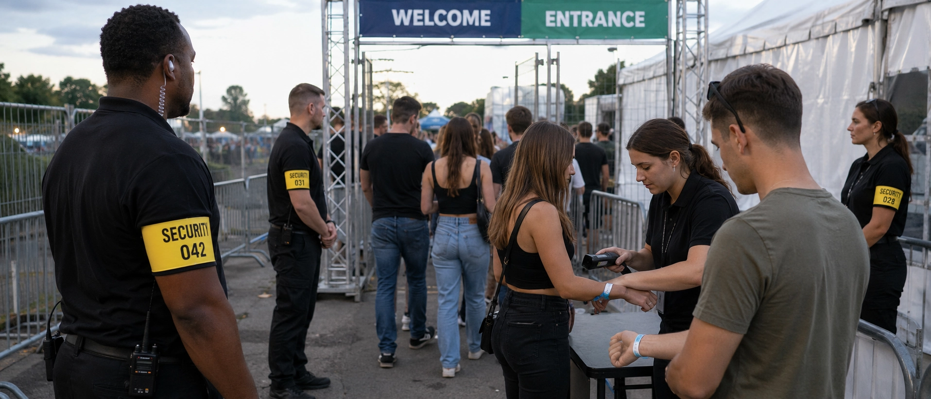 Security staff wearing personalized armbands for distance identification versus attendees using wristbands at an event entrance Security staff wearing personalized armbands for distance identification versus attendees using wristbands at an event entrance